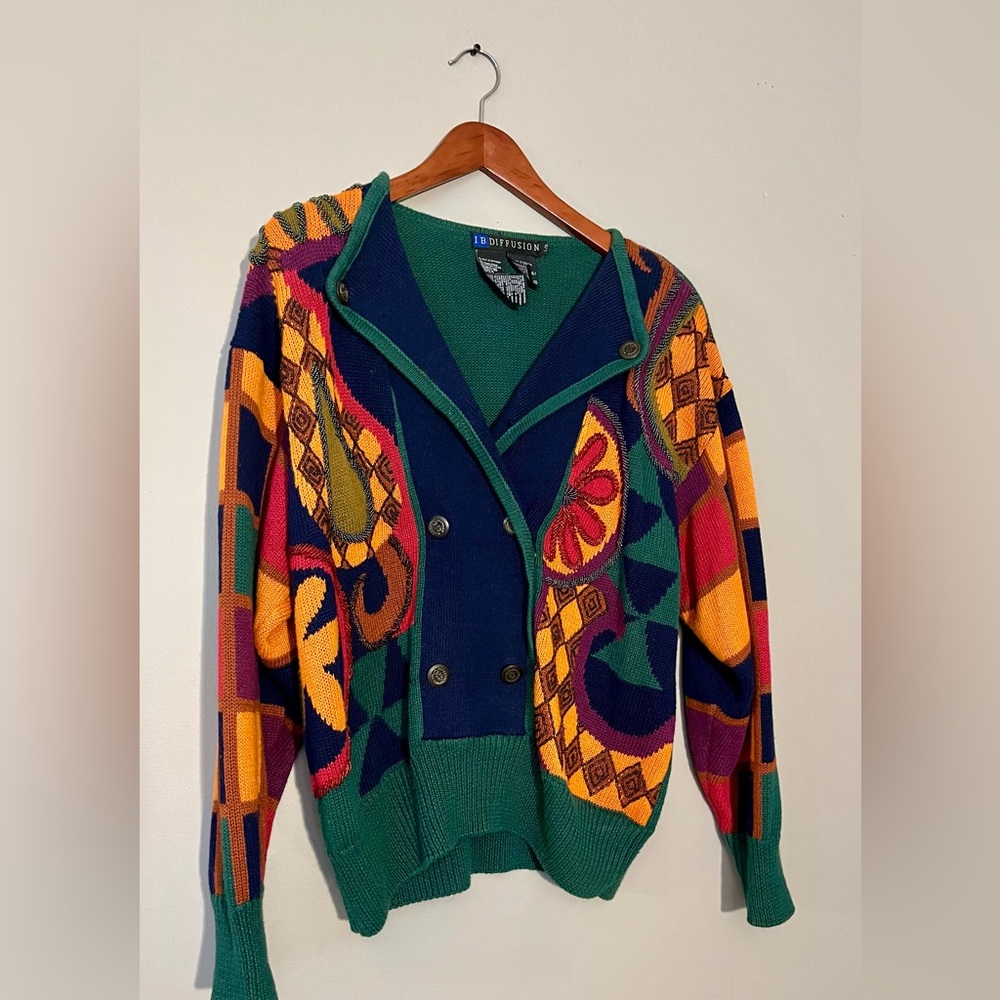 Vintage 90s I.B. Diffusion Colorful Geometric Grandma Core Cardigan Sweater L - Picture 9 of 12